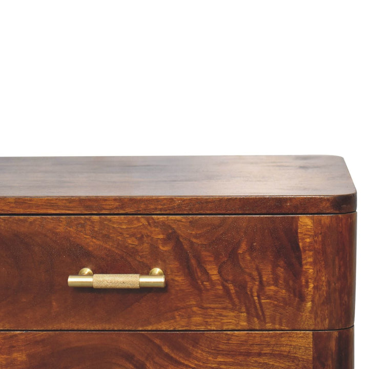 Chestnut T-Bar Nordic Nightstand - Solid Mango Wood Bedside Table for Bedroom - product view 5 showing handcrafted solid...