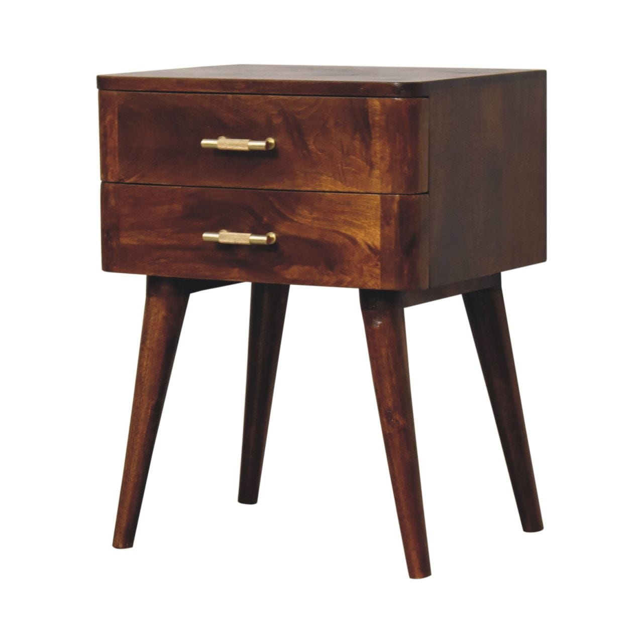 Chestnut T-Bar Nordic Nightstand - Solid Mango Wood Bedside Table for Bedroom - product view 4 showing handcrafted solid...