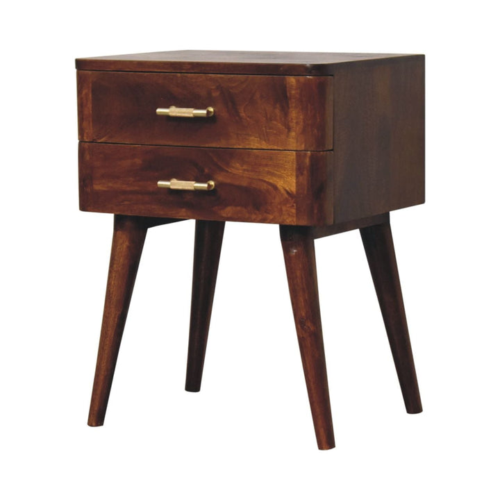 Chestnut T-Bar Nordic Nightstand - Solid Mango Wood Bedside Table for Bedroom - product view 4 showing handcrafted solid...