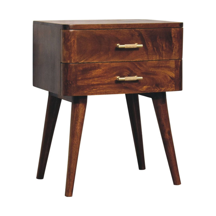 Chestnut T-Bar Nordic Nightstand - Solid Mango Wood Bedside Table for Bedroom - product view 3 showing handcrafted solid...