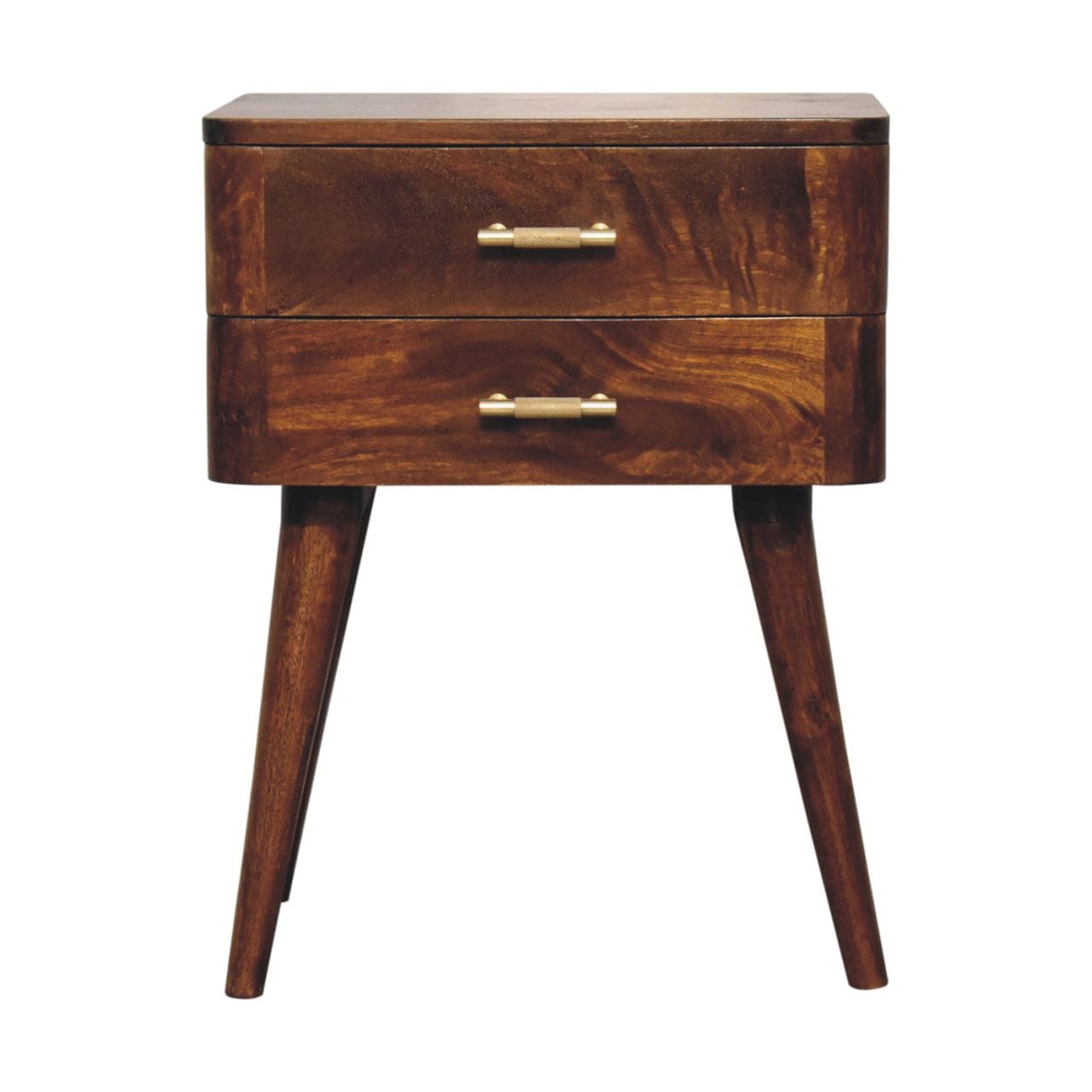 Chestnut T-Bar Nordic Nightstand - Solid Mango Wood Bedside Table for Bedroom - product view 2 showing handcrafted solid...