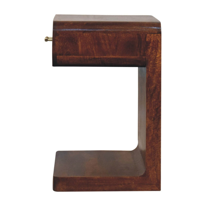 Chestnut T-Bar Rounded Nightstand - Solid Mango Wood Bedside Table for Bedroom - product view 9 showing handcrafted solid...