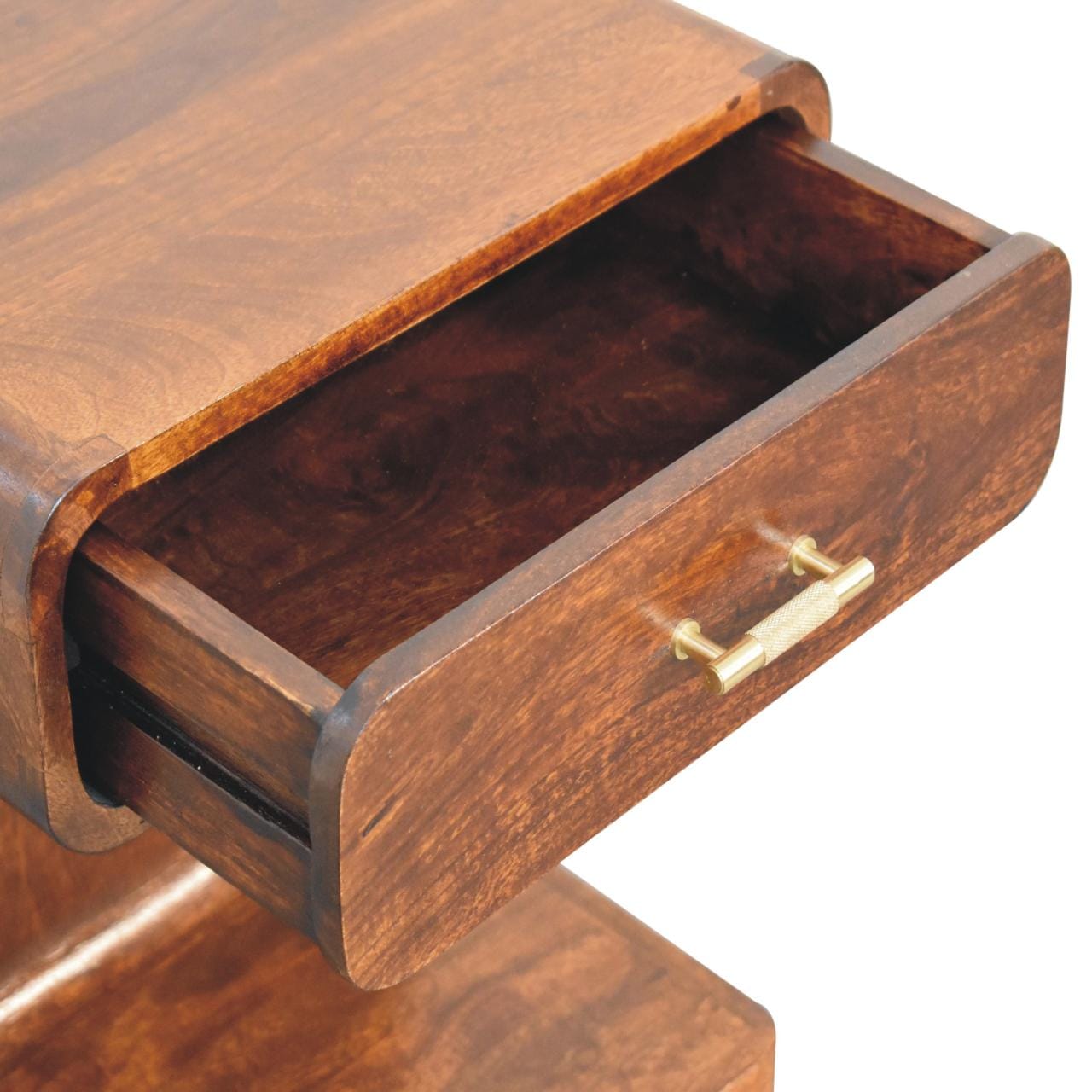 Chestnut T-Bar Rounded Nightstand - Solid Mango Wood Bedside Table for Bedroom - product view 7 showing handcrafted solid...