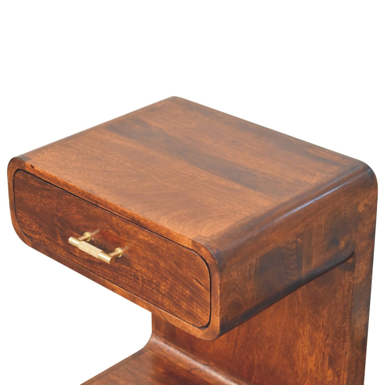 Chestnut T-Bar Rounded Nightstand - Solid Mango Wood Bedside Table for Bedroom - product view 6 showing handcrafted solid...