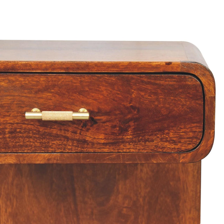 Chestnut T-Bar Rounded Nightstand - Solid Mango Wood Bedside Table for Bedroom - product view 5 showing handcrafted solid...
