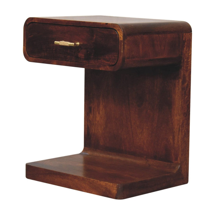Chestnut T-Bar Rounded Nightstand - Solid Mango Wood Bedside Table for Bedroom - product view 4 showing handcrafted solid...