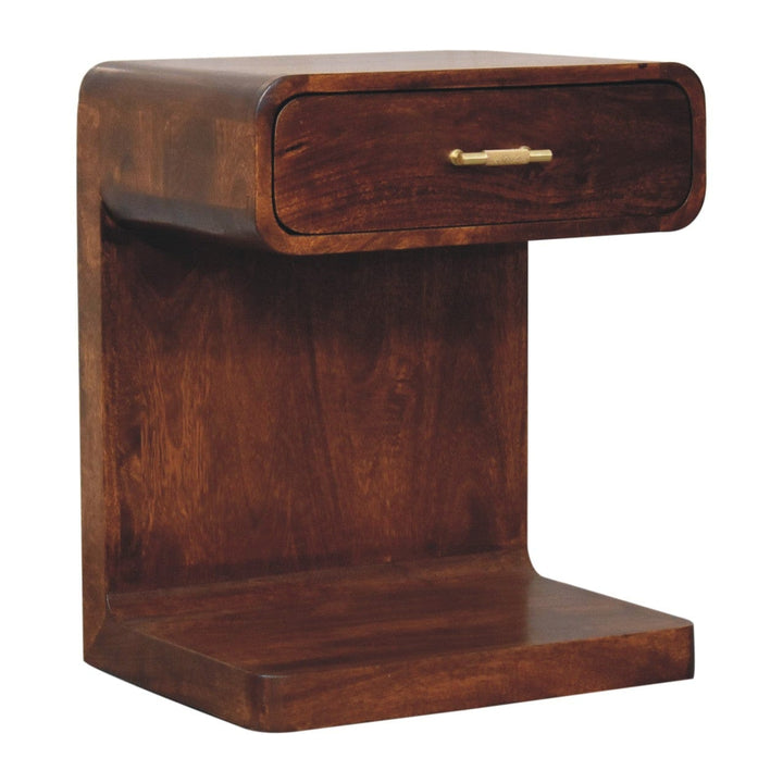 Chestnut T-Bar Rounded Nightstand - Solid Mango Wood Bedside Table for Bedroom - product view 3 showing handcrafted solid...