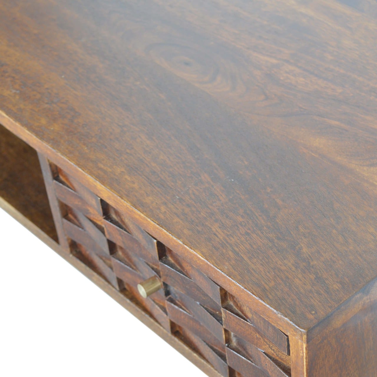 Chestnut Tile Writing Desk - Solid Mango Wood Writing Table for Home Office - product view 4 showing handcrafted solid...