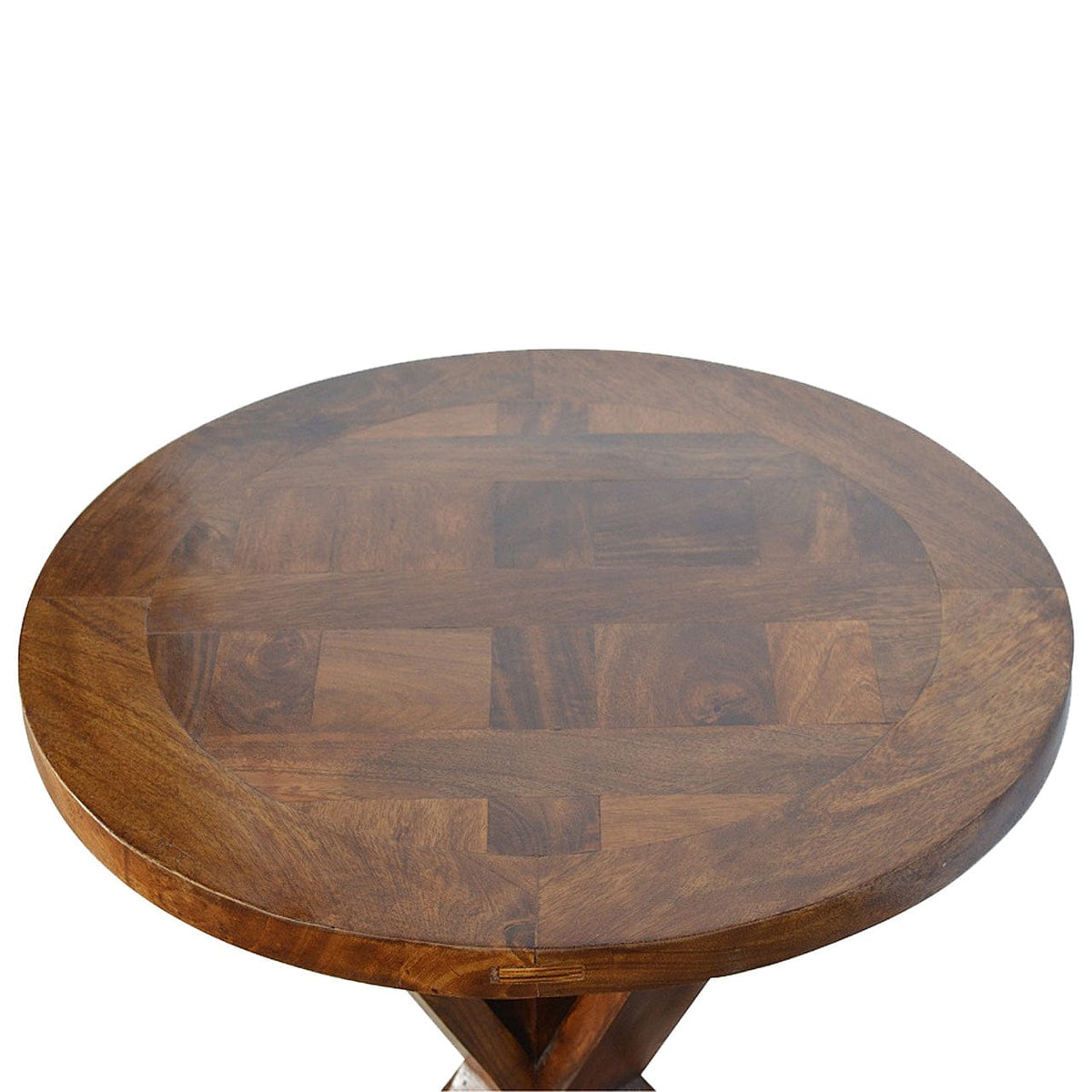 Chestnut Tristle Round Table for Bedroom in Solid Mango Wood - product view 3 showing handcrafted solid mango wood dresser