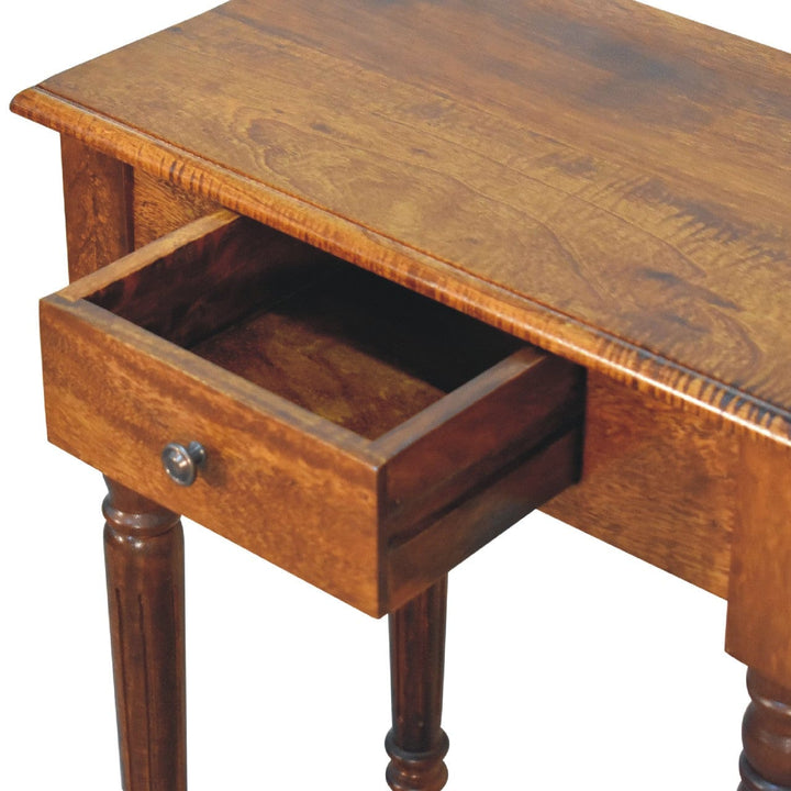 Chestnut Turned Leg Writing Desk - Solid Mango Wood Writing Table for Home Office - product view 7 showing handcrafted...