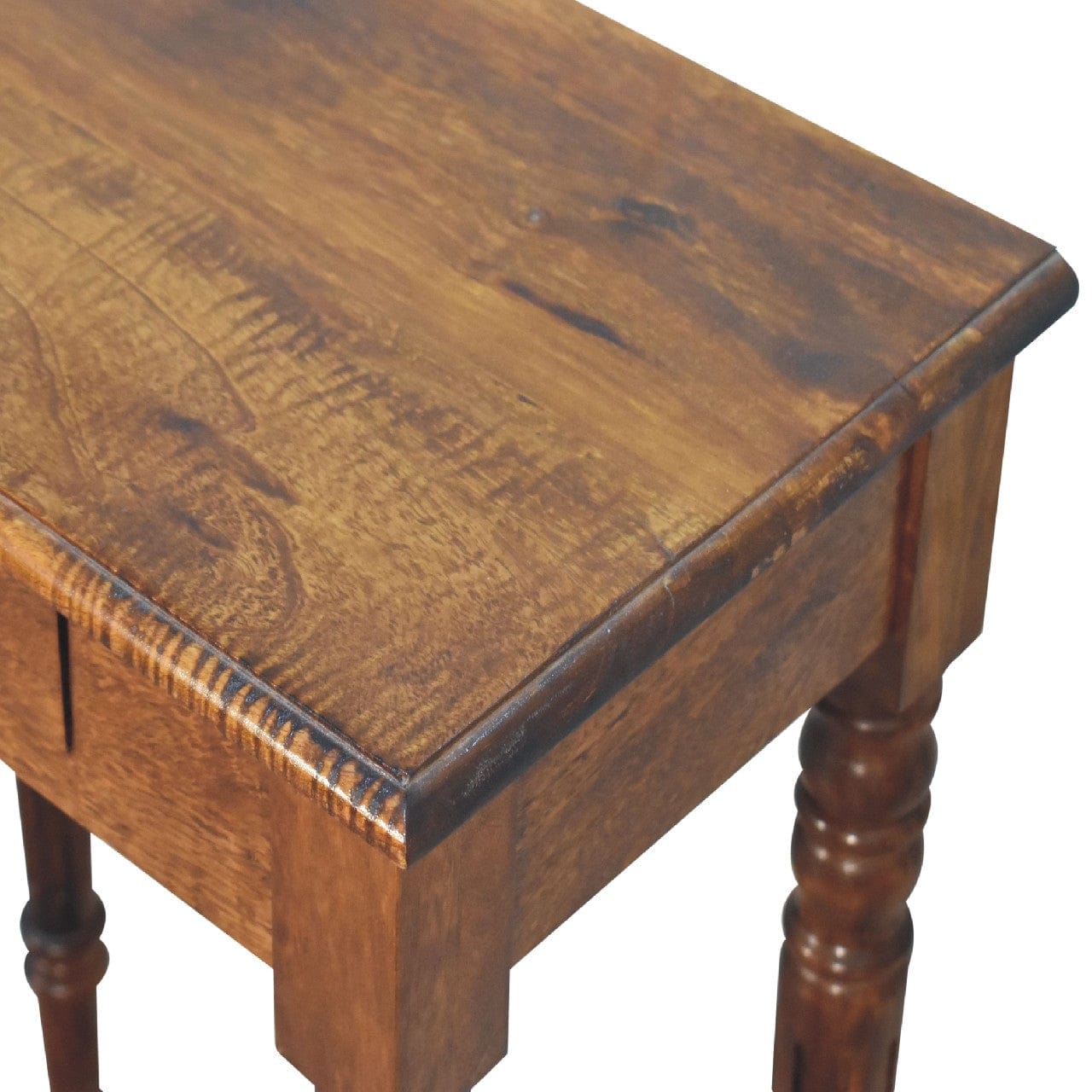 Chestnut Turned Leg Writing Desk - Solid Mango Wood Writing Table for Home Office - product view 6 showing handcrafted...