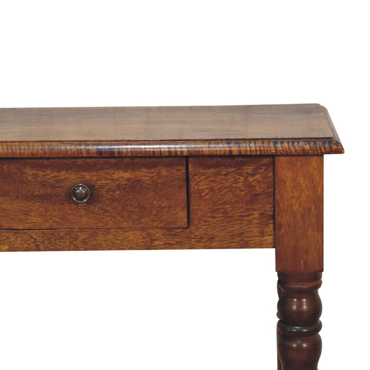 Chestnut Turned Leg Writing Desk - Solid Mango Wood Writing Table for Home Office - product view 5 showing handcrafted...
