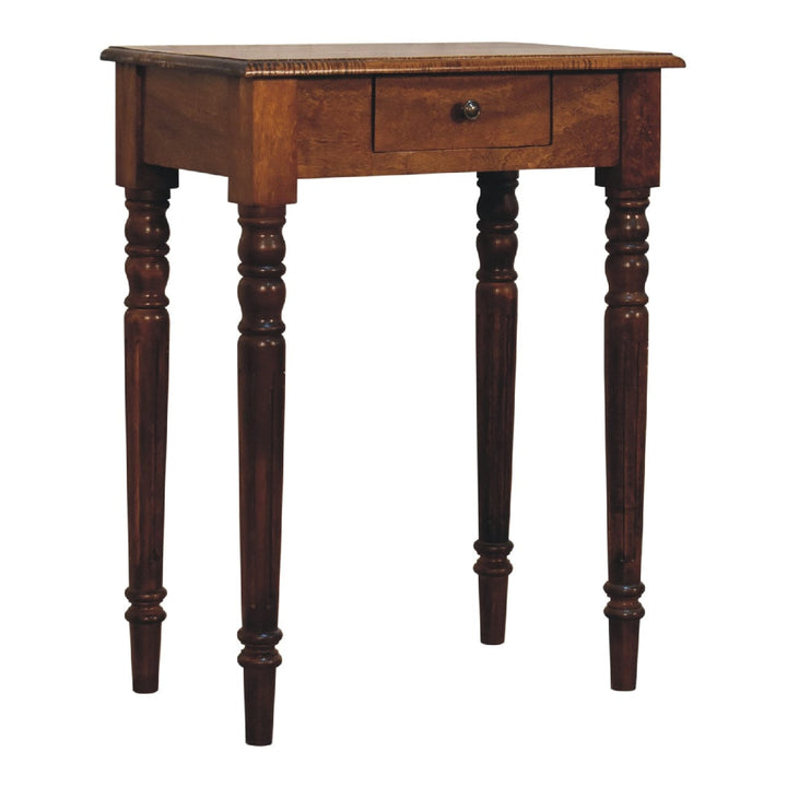 Chestnut Turned Leg Writing Desk - Solid Mango Wood Writing Table for Home Office - product view 4 showing handcrafted...