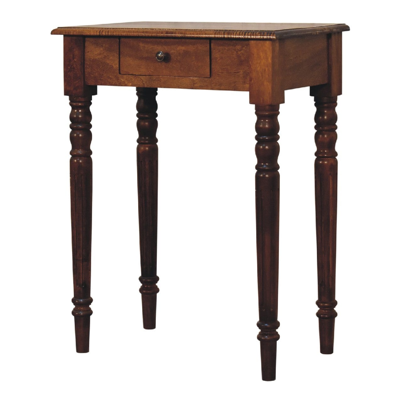 Chestnut Turned Leg Writing Desk - Solid Mango Wood Writing Table for Home Office - product view 3 showing handcrafted...