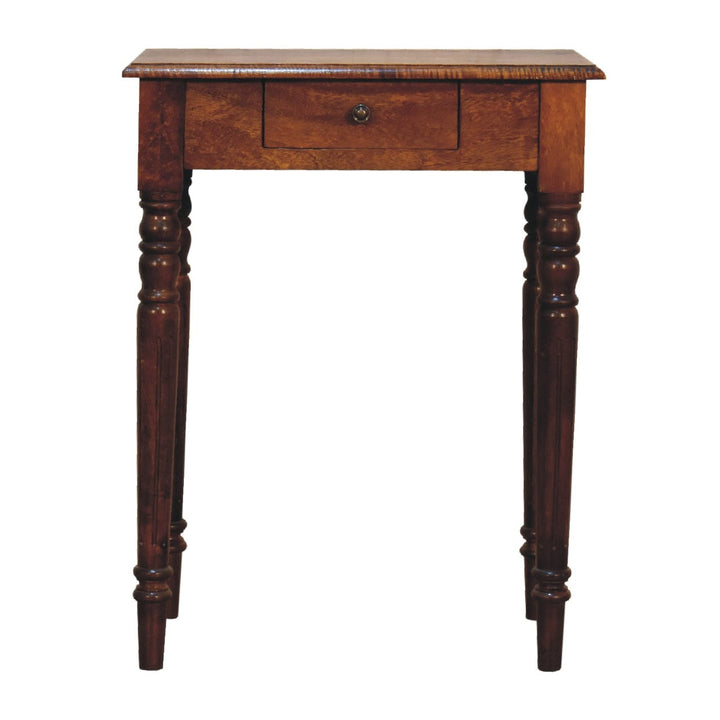 Chestnut Turned Leg Writing Desk - Solid Mango Wood Writing Table for Home Office - product view 2 showing handcrafted...