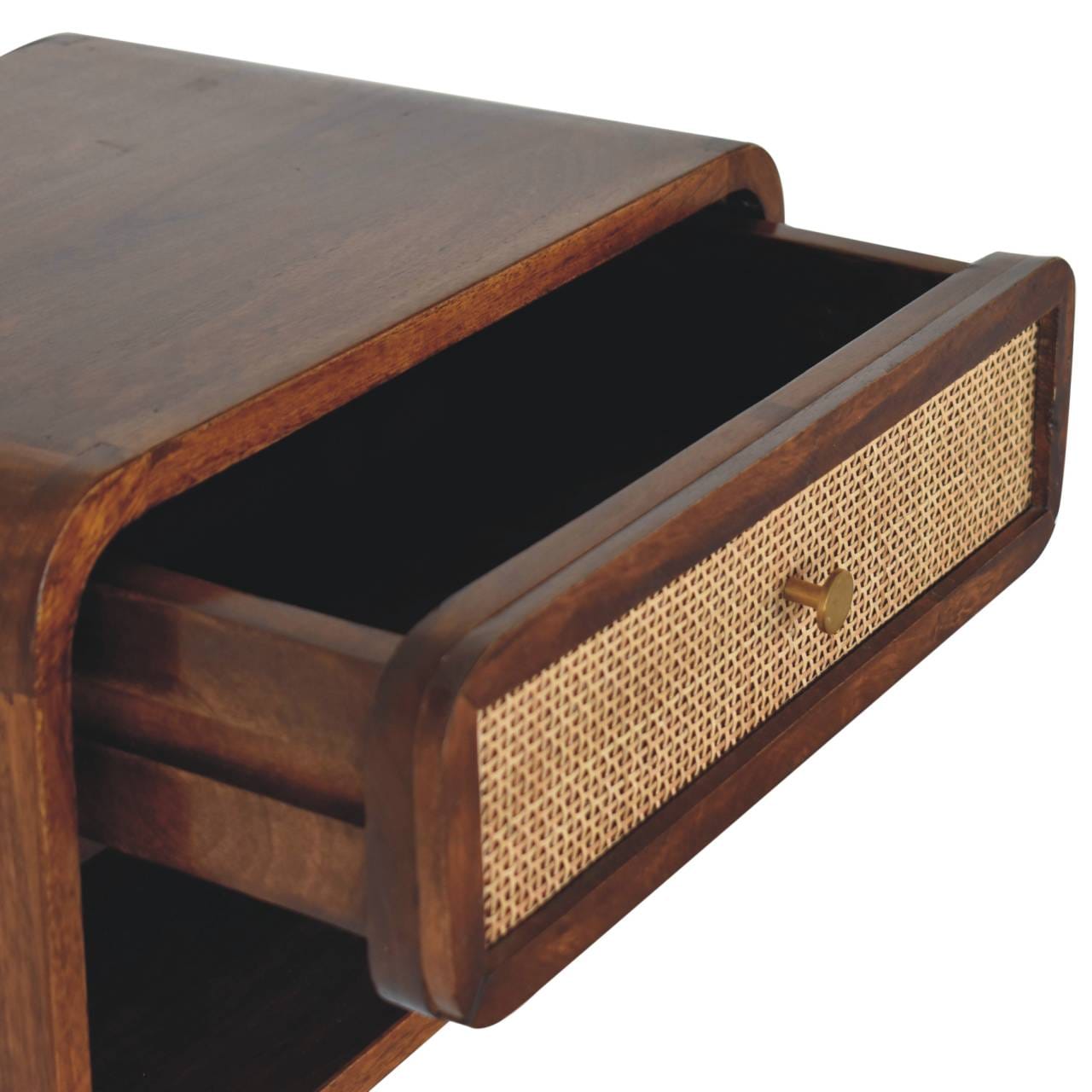Chestnut Wall Mounted Open Woven Nightstand - Solid Mango Wood Bedside Table for Bedroom - product view 7 showing...