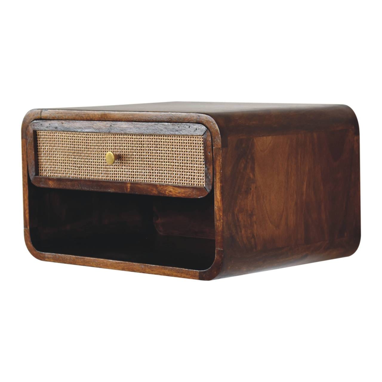 Chestnut Wall Mounted Open Woven Nightstand - Solid Mango Wood Bedside Table for Bedroom - product view 4 showing...