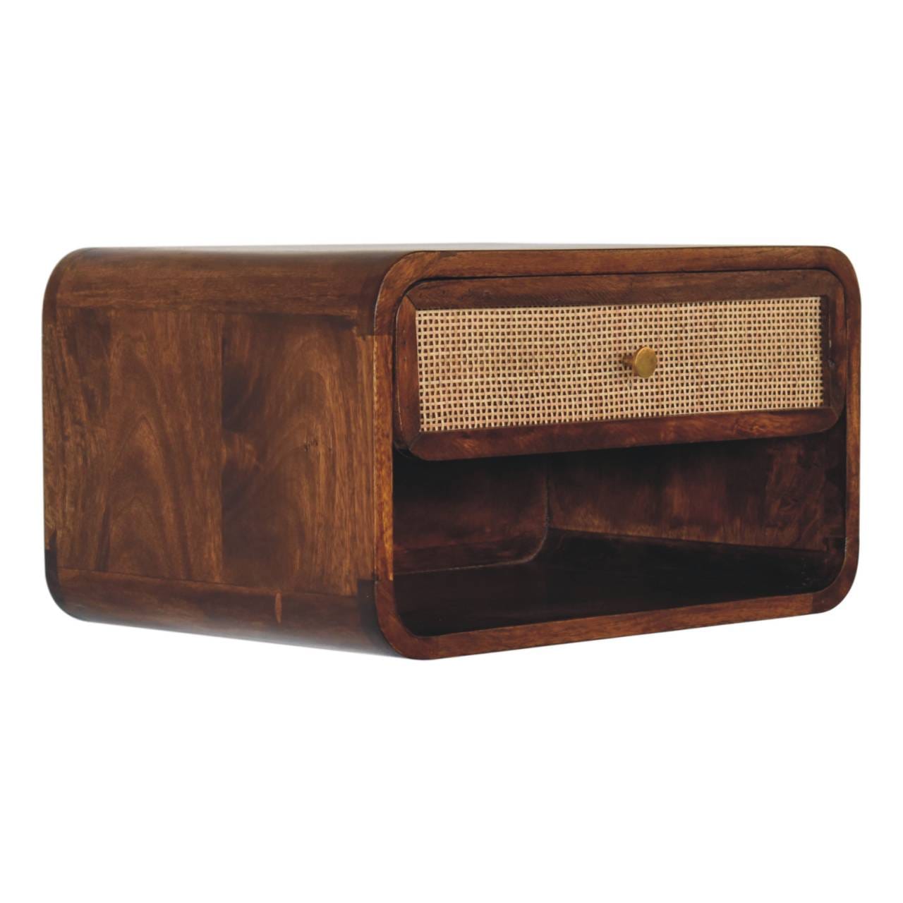 Chestnut Wall Mounted Open Woven Nightstand - Solid Mango Wood Bedside Table for Bedroom - product view 3 showing...