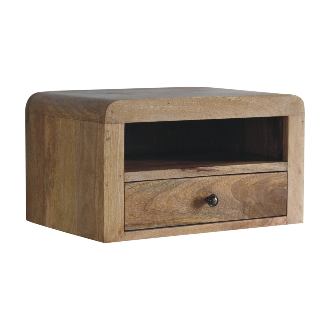 Chunky Oak-ish Floating Nightstand - Solid Mango Wood Bedside Table for Bedroom - product view 4 showing handcrafted...