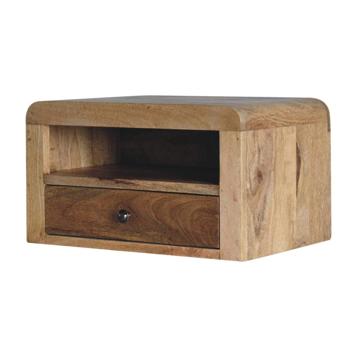 Chunky Oak-ish Floating Nightstand - Solid Mango Wood Bedside Table for Bedroom - product view 3 showing handcrafted...