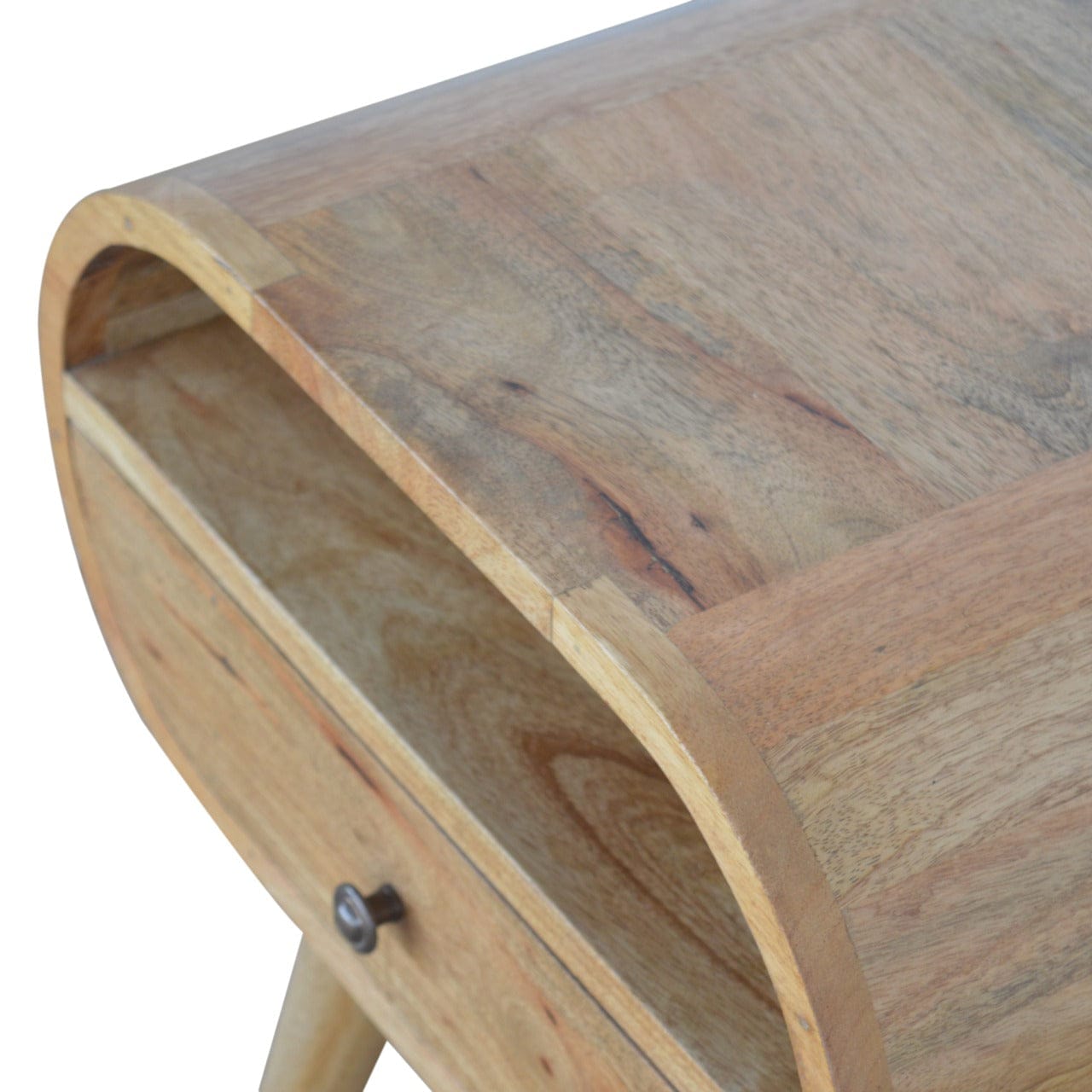 Circular Open Slot Nightstand - Solid Mango Wood Bedside Table for Bedroom - product view 5 showing handcrafted solid...