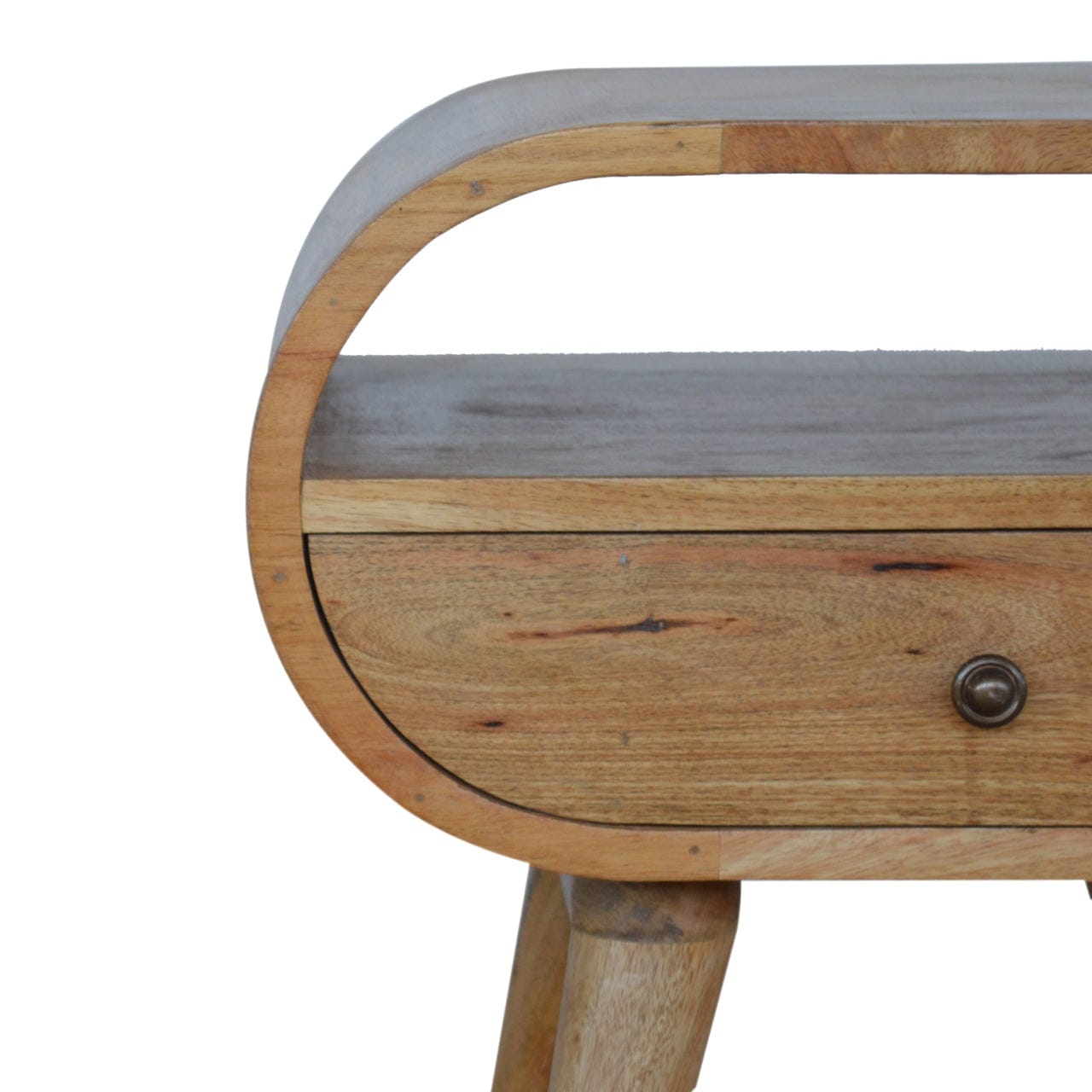 Circular Open Slot Nightstand - Solid Mango Wood Bedside Table for Bedroom - product view 4 showing handcrafted solid...