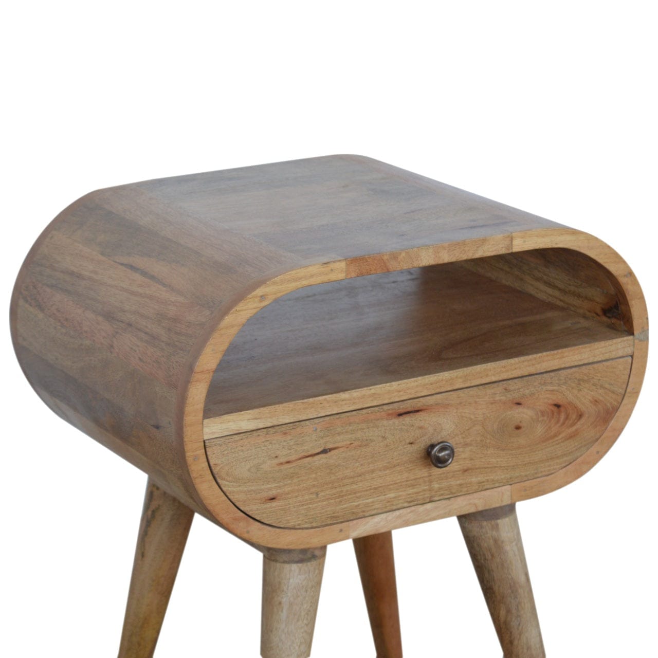 Circular Open Slot Nightstand - Solid Mango Wood Bedside Table for Bedroom - product view 3 showing handcrafted solid...