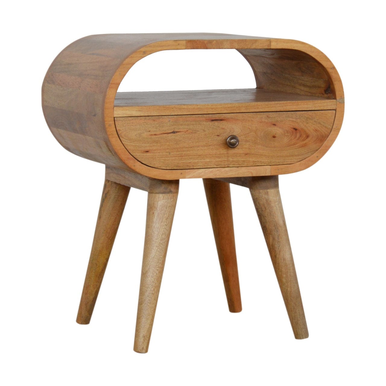 Circular Open Slot Nightstand - Solid Mango Wood Bedside Table for Bedroom - product view 2 showing handcrafted solid...