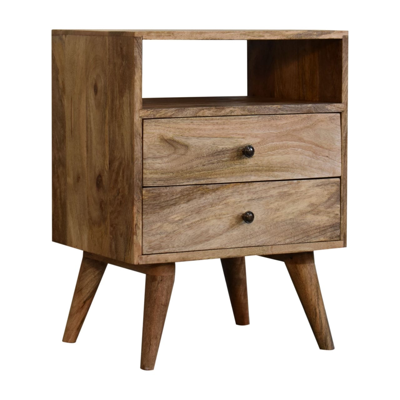 Classic Oak-ish Nightstand - Solid Mango Wood Bedside Table for Bedroom - product view 4 showing handcrafted solid mango...