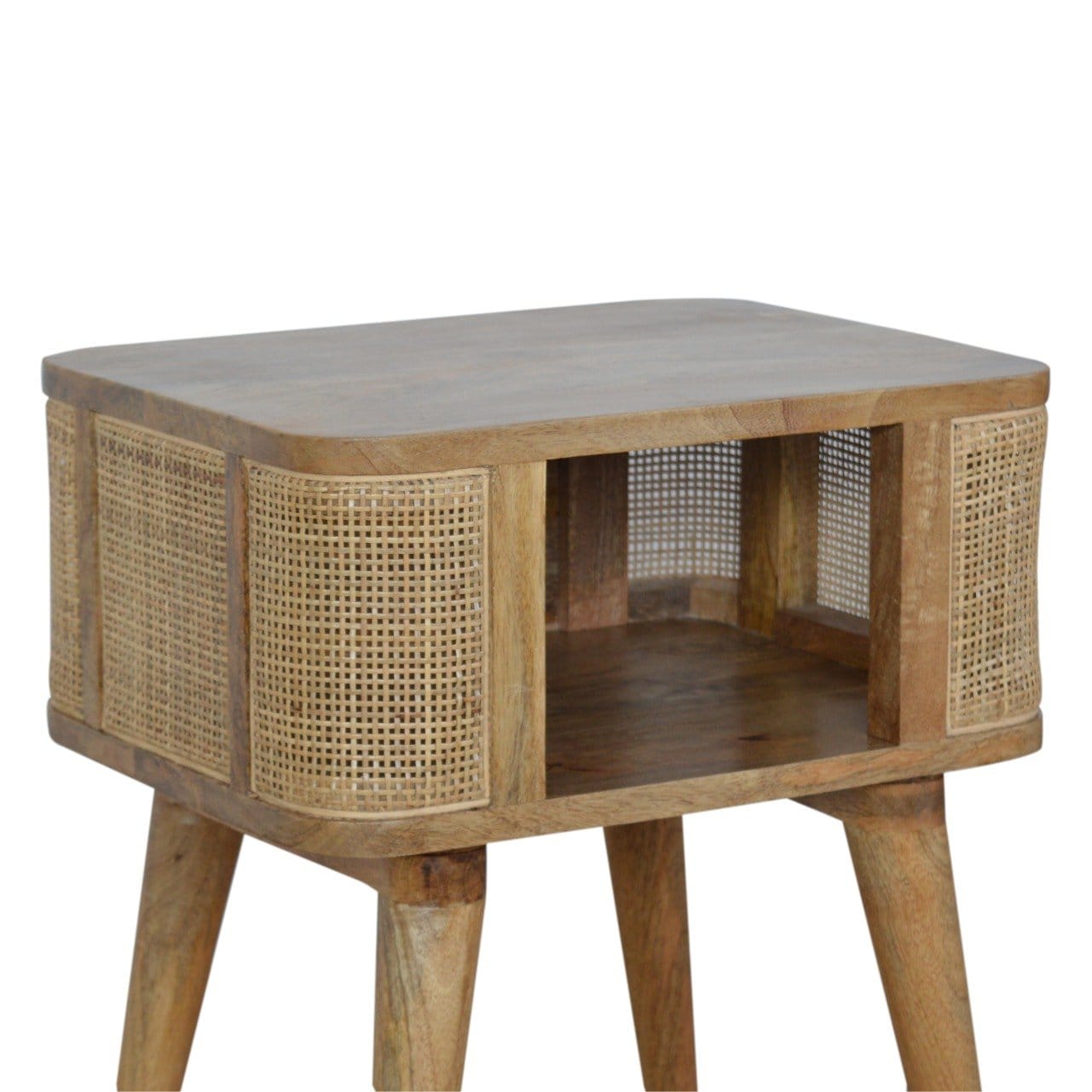 Close-knit Open Slot Nightstand - Solid Mango Wood Bedside Table for Bedroom - product view 5 showing handcrafted solid...