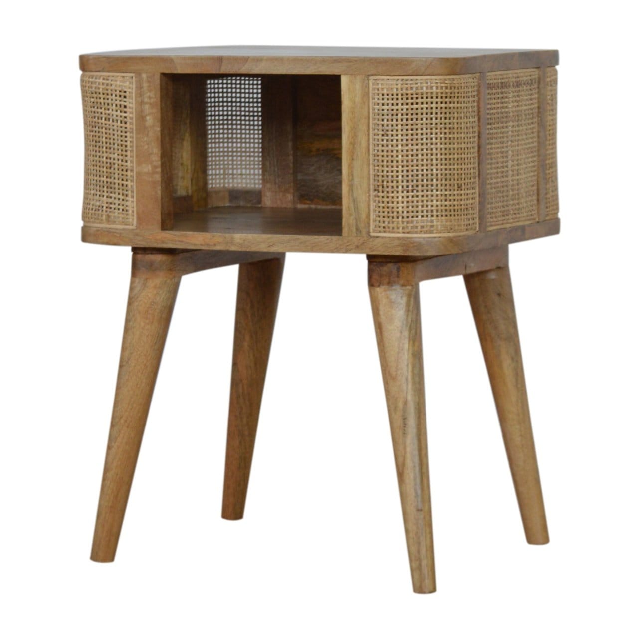 Close-knit Open Slot Nightstand - Solid Mango Wood Bedside Table for Bedroom - product view 3 showing handcrafted solid...