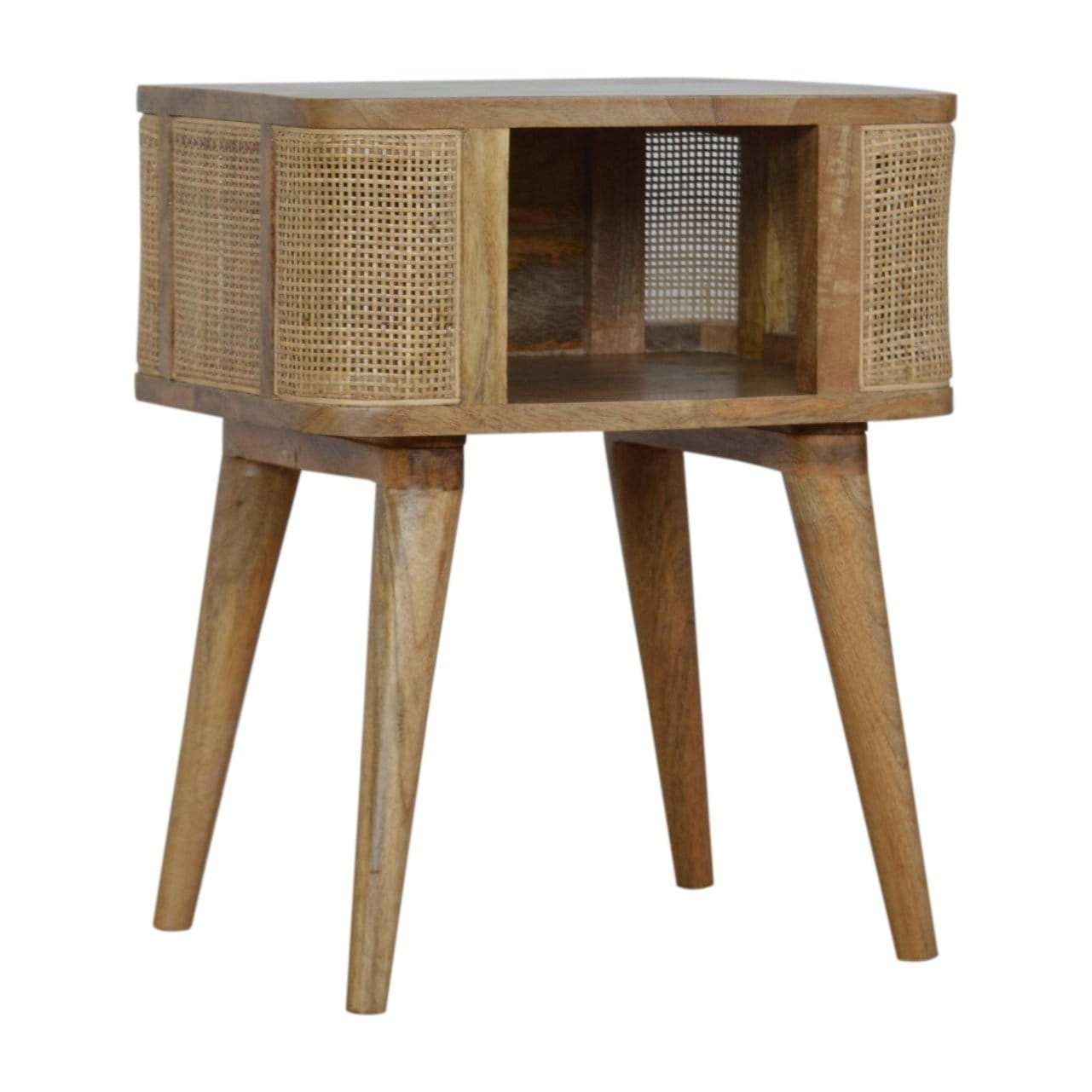Close-knit Open Slot Nightstand - Solid Mango Wood Bedside Table for Bedroom - product view 2 showing handcrafted solid...
