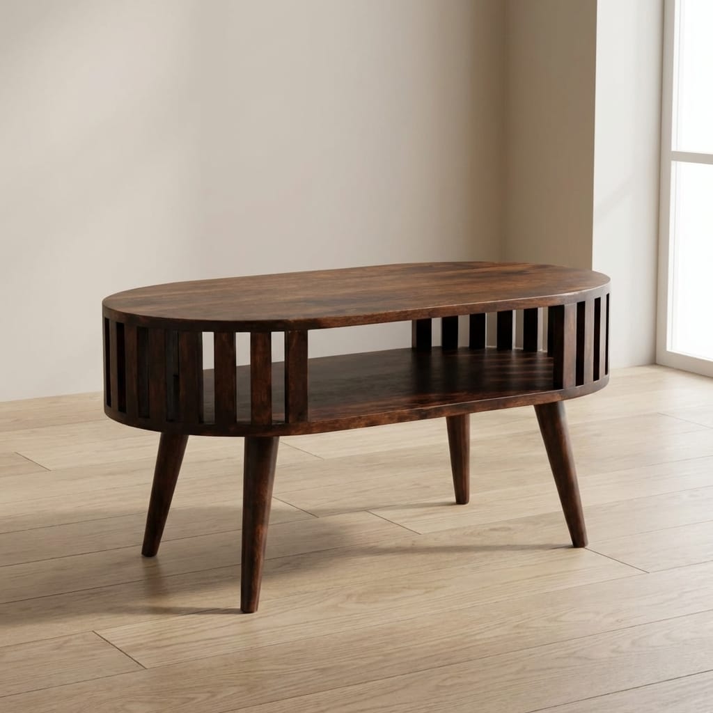 Ariella California Walnut Coffee Table - Solid Mango Wood Center Table for Living Room - main view showing handcrafted...