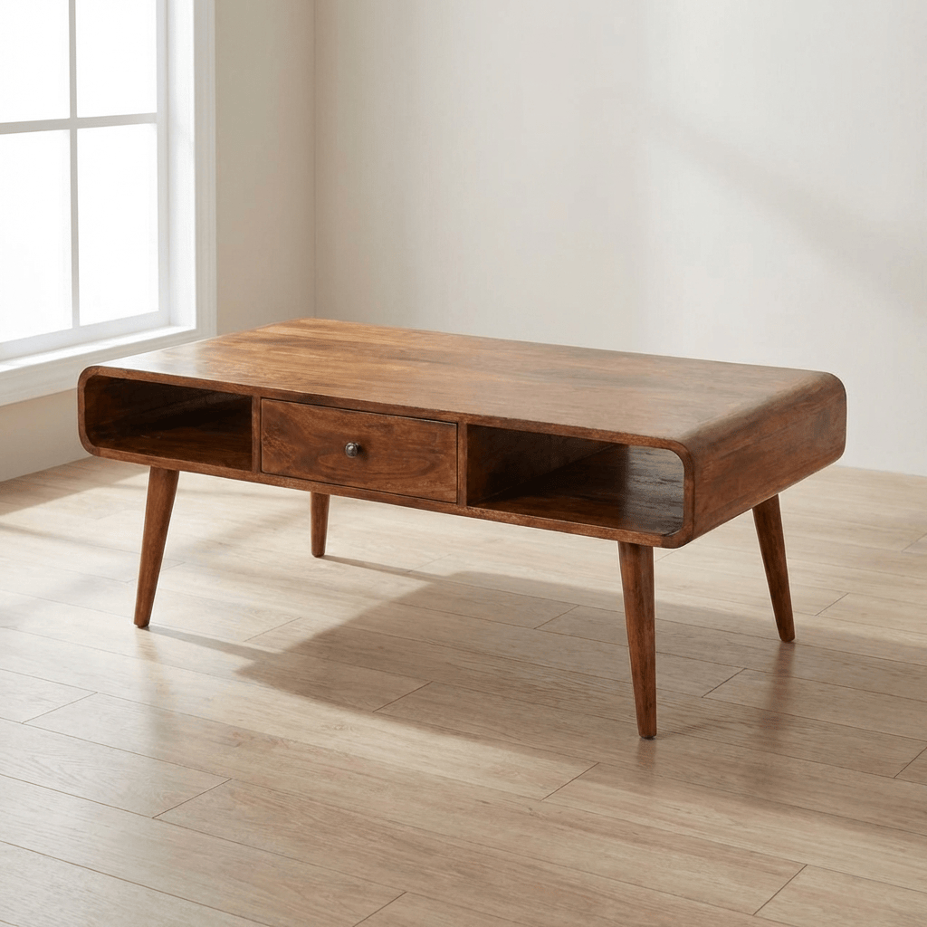 Avora 2 Drawer Chestnut Coffee Table - Solid Mango Wood Center Table for Living Room - main view showing handcrafted...