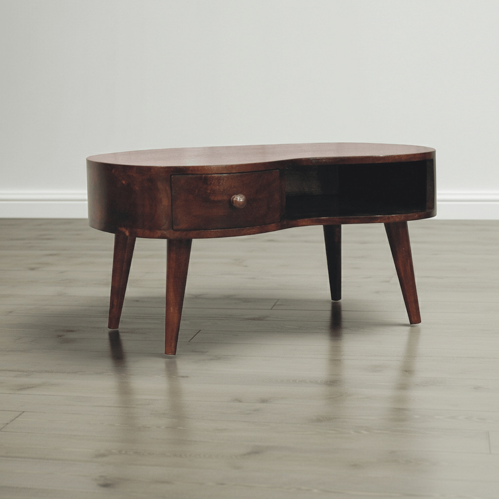 California Walnut Wave Coffee Table - Solid Mango Wood Center Table for Living Room - main view showing handcrafted solid...