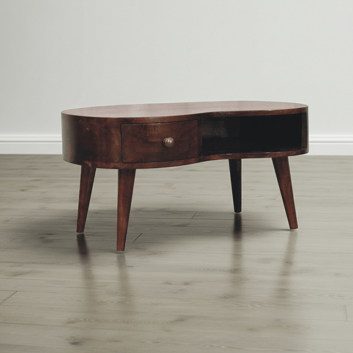 California Walnut Wave Coffee Table - Solid Mango Wood Center Table for Living Room - main view showing handcrafted solid...