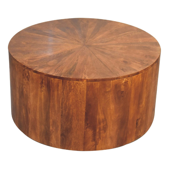 Chestnut Round Wooden Coffee Table - Solid Mango Wood Center Table for Living Room - product view 3 showing handcrafted...