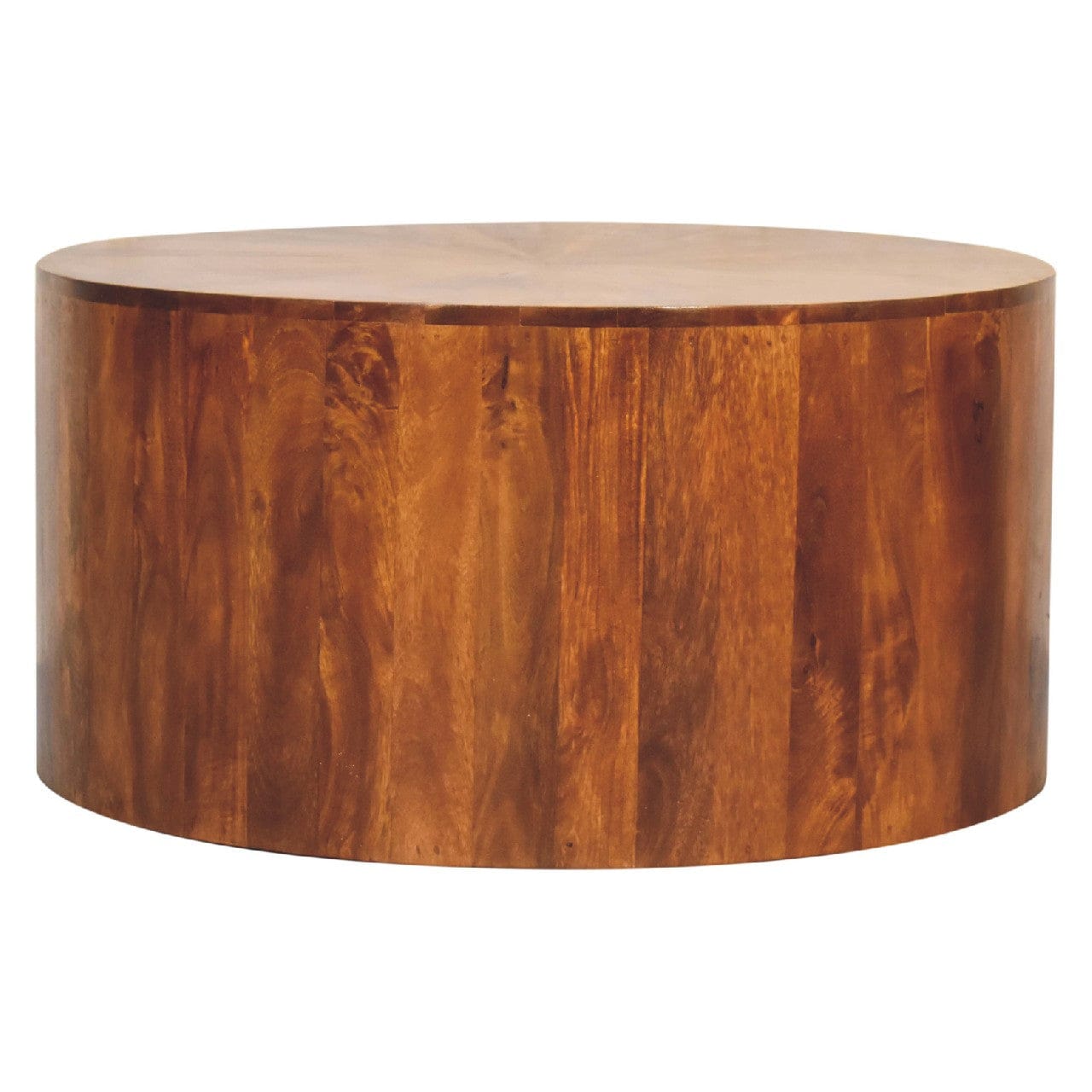 Chestnut Round Wooden Coffee Table - Solid Mango Wood Center Table for Living Room - main view showing handcrafted solid...
