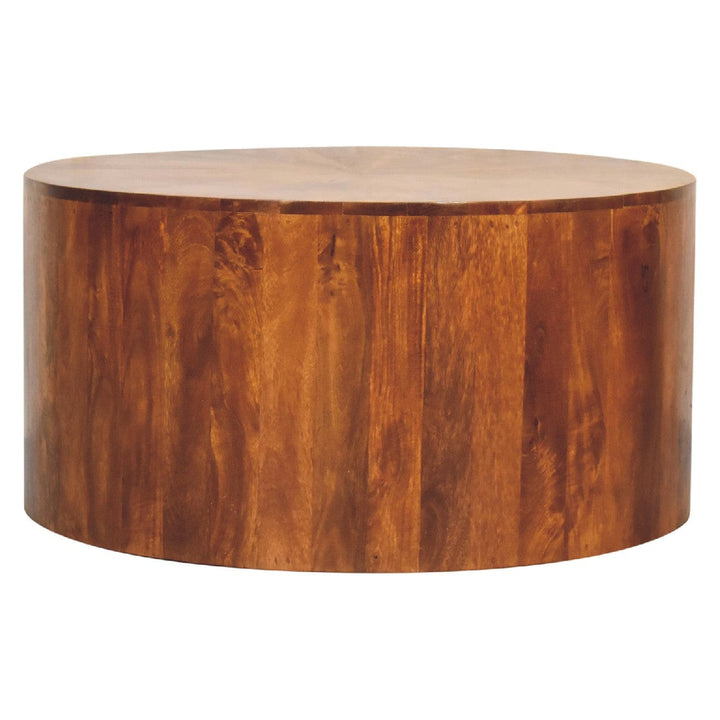 Chestnut Round Wooden Coffee Table - Solid Mango Wood Center Table for Living Room - main view showing handcrafted solid...