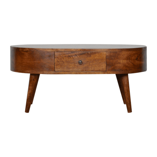 Chestnut Rounded Coffee Table - Solid Mango Wood Center Table for Living Room - product view 9 showing handcrafted solid...
