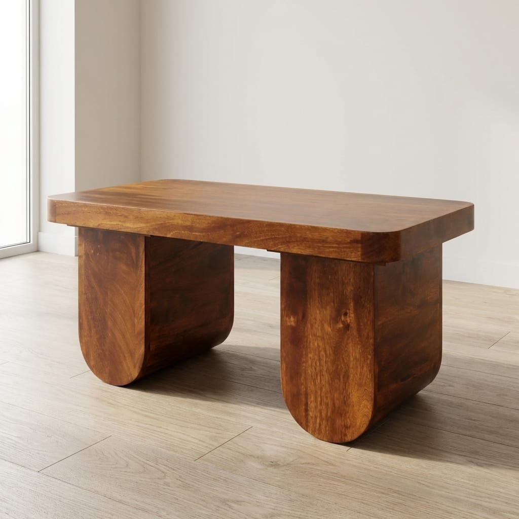 Chunky Chestnut Coffee Table - Solid Mango Wood Center Table for Living Room - main view showing handcrafted solid mango...