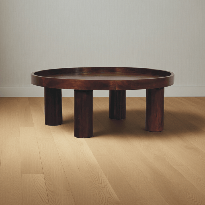 Crescent Chestnut Coffee Table - Solid Mango Wood Center Table for Living Room - main view showing handcrafted solid...