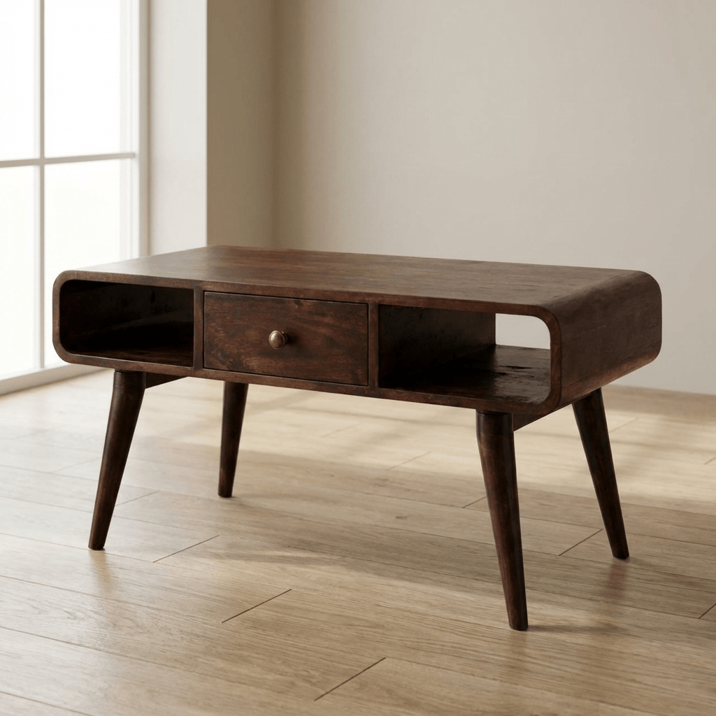 Curved California Walnut Coffee Table - Solid Mango Wood Center Table for Living Room - main view showing handcrafted...