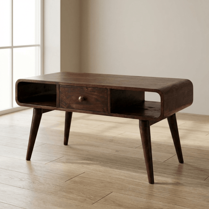 Curved California Walnut Coffee Table - Solid Mango Wood Center Table for Living Room - main view showing handcrafted...