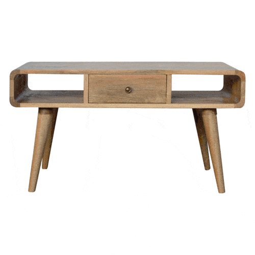 Curved Oak-ish Coffee Table - Solid Mango Wood Center Table for Living Room - product view 9 showing handcrafted solid...