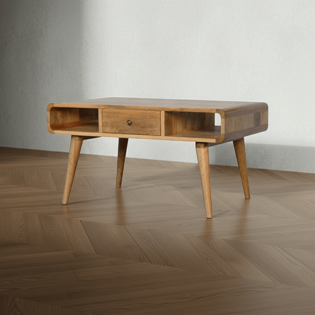 Curved Oak-ish Coffee Table - Solid Mango Wood Center Table for Living Room - main view showing handcrafted solid mango...