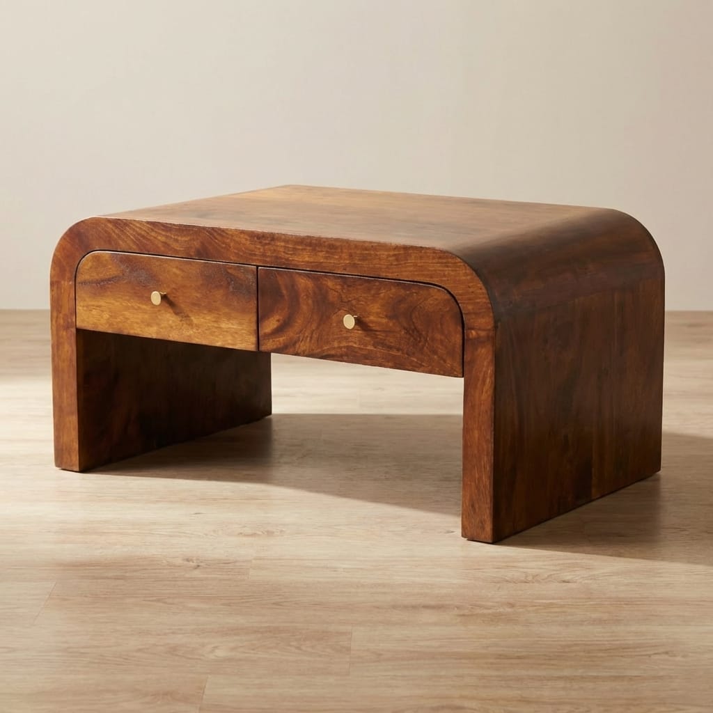 Darcy Chestnut Coffee Table - Solid Mango Wood Center Table for Living Room - main view showing handcrafted solid mango...