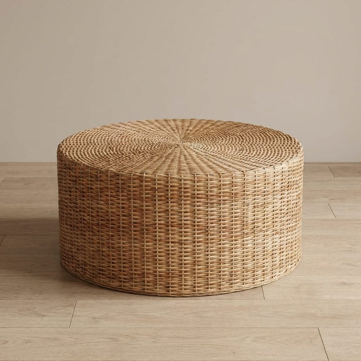 Glamorous Regency Round Woven Coffee Table - Solid Mango Wood Center Table for Living Room - main view showing...