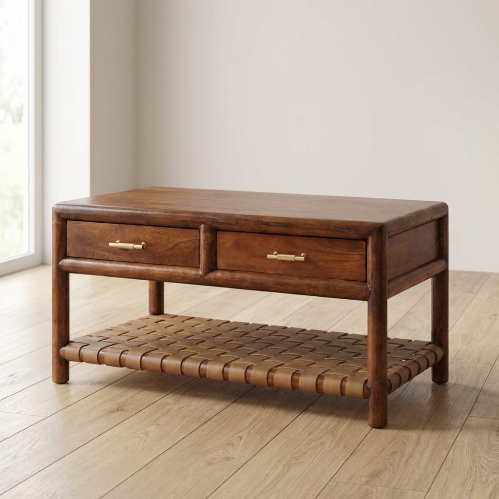 Glamorous Regency Woven Coffee Table - Solid Mango Wood Center Table for Living Room - main view showing handcrafted...