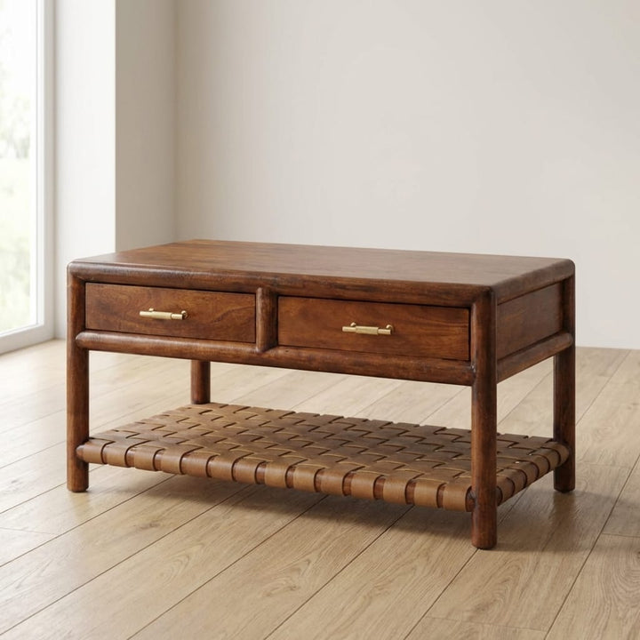 Glamorous Regency Woven Coffee Table - Solid Mango Wood Center Table for Living Room - main view showing handcrafted...